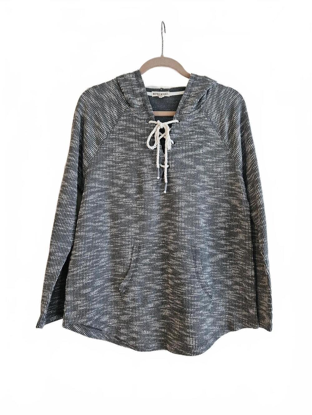 Inspired Hearts Lace-up Marled Gray Hoodie-Size 1X-Fall Fashion Ready-Plus Size